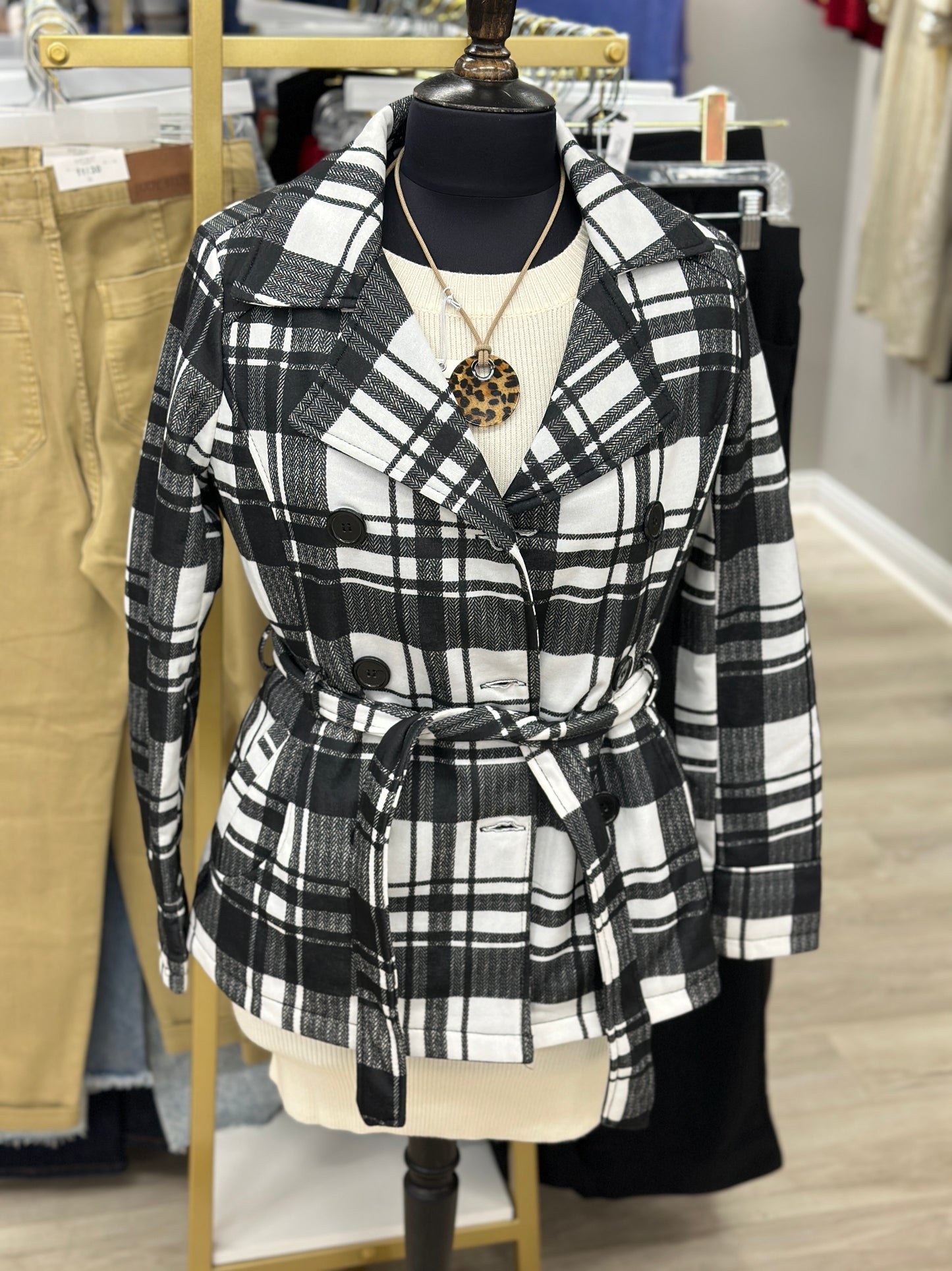 Black & White Plaid Pea Coat with Waist Belt