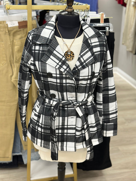 Black & White Plaid Pea Coat with Waist Belt