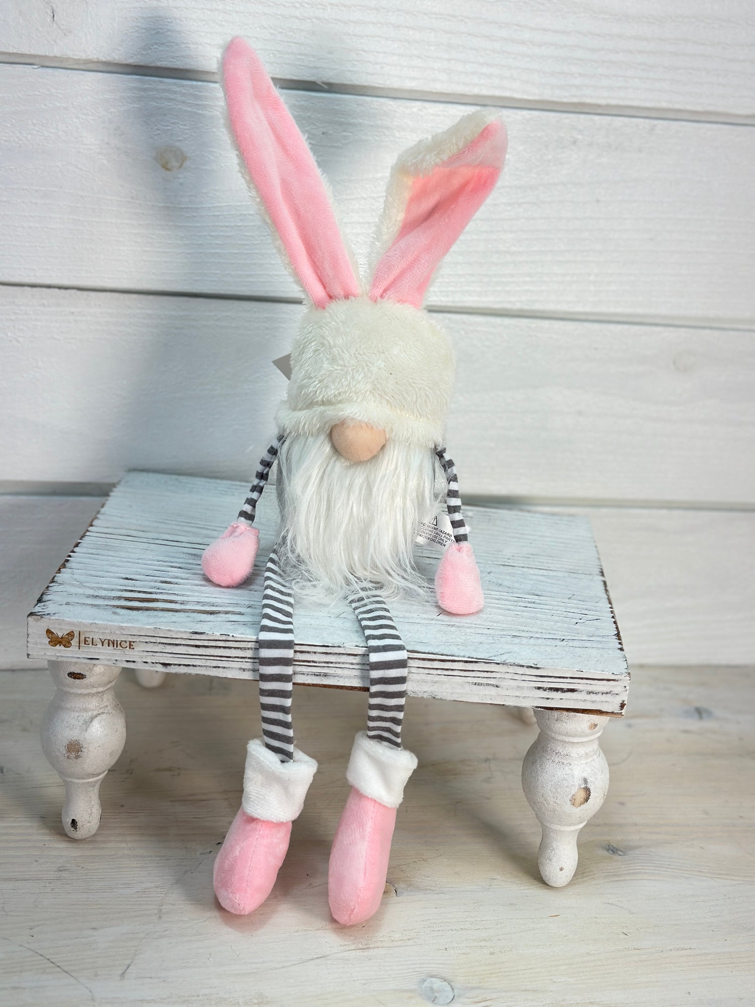 Ben Pink/Grey Striped Dangling Legs Easter Bunny Gnome