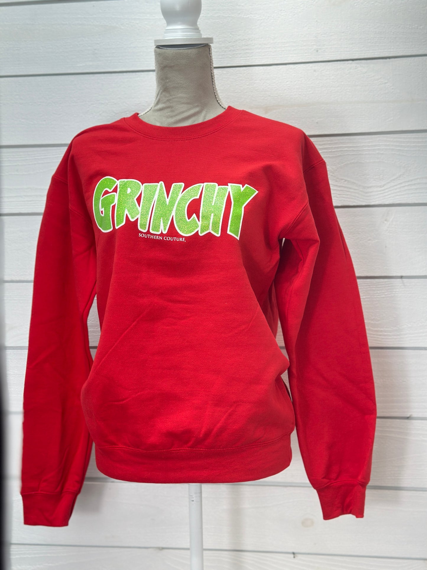 Southern Couture Red Glitter Grinchy Crewneck