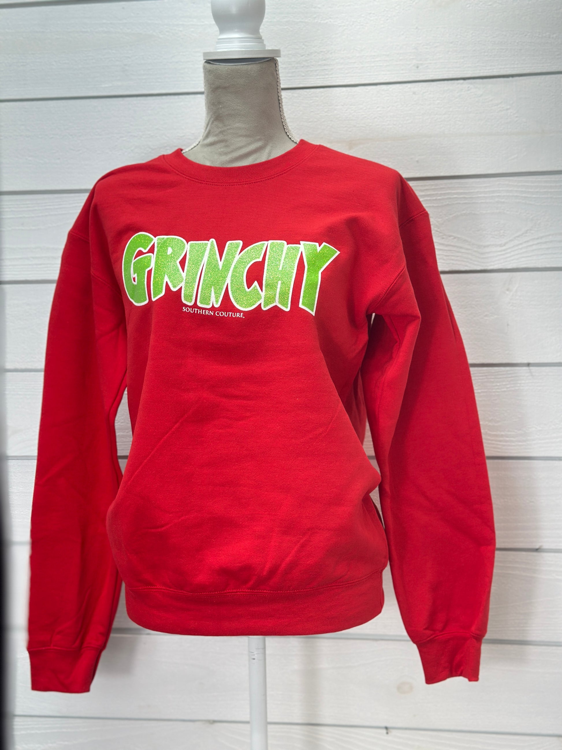 Southern Couture Red Glitter Grinchy Crewneck