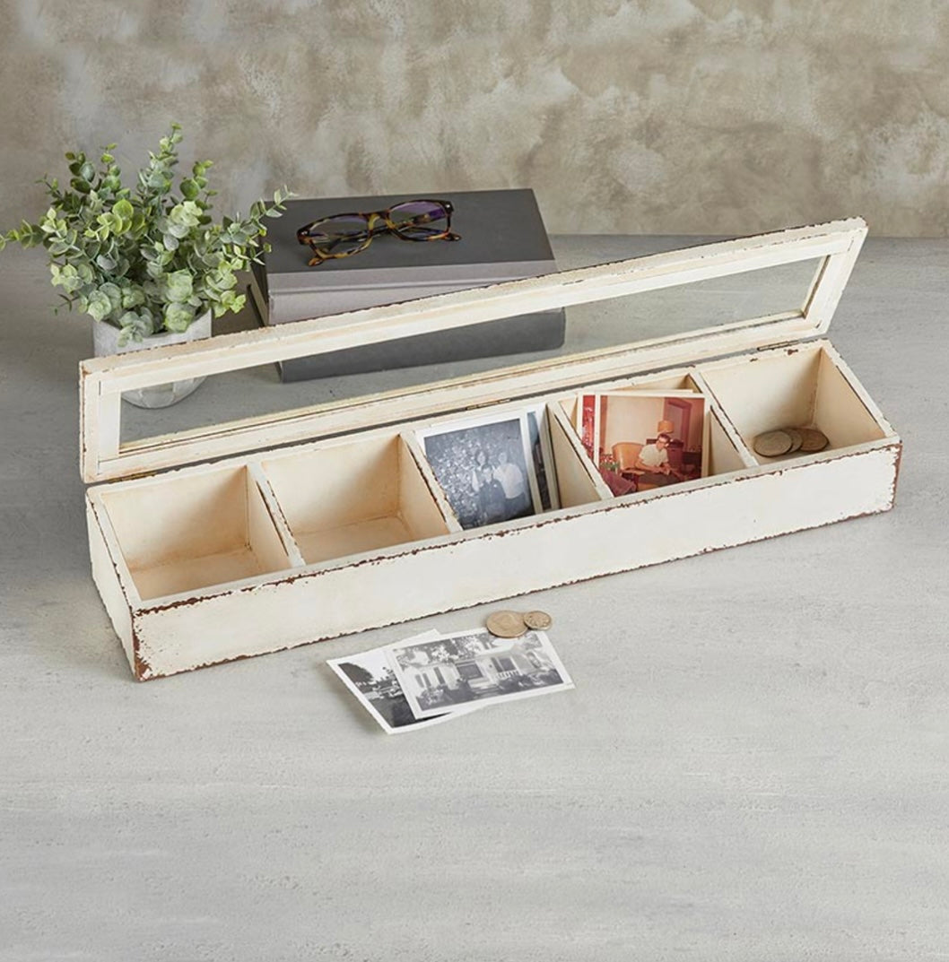 Rustic White Wood & Glass Storage Box