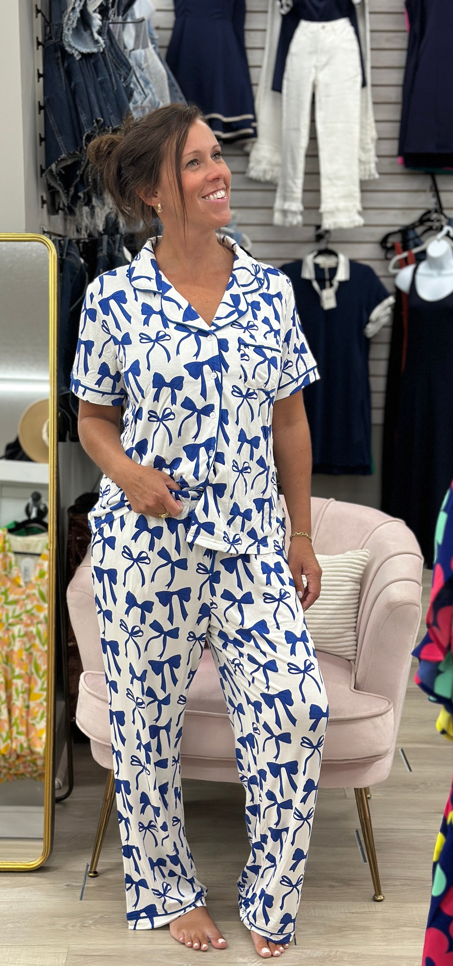 Blue & White Charlotte Bow Pajama Set