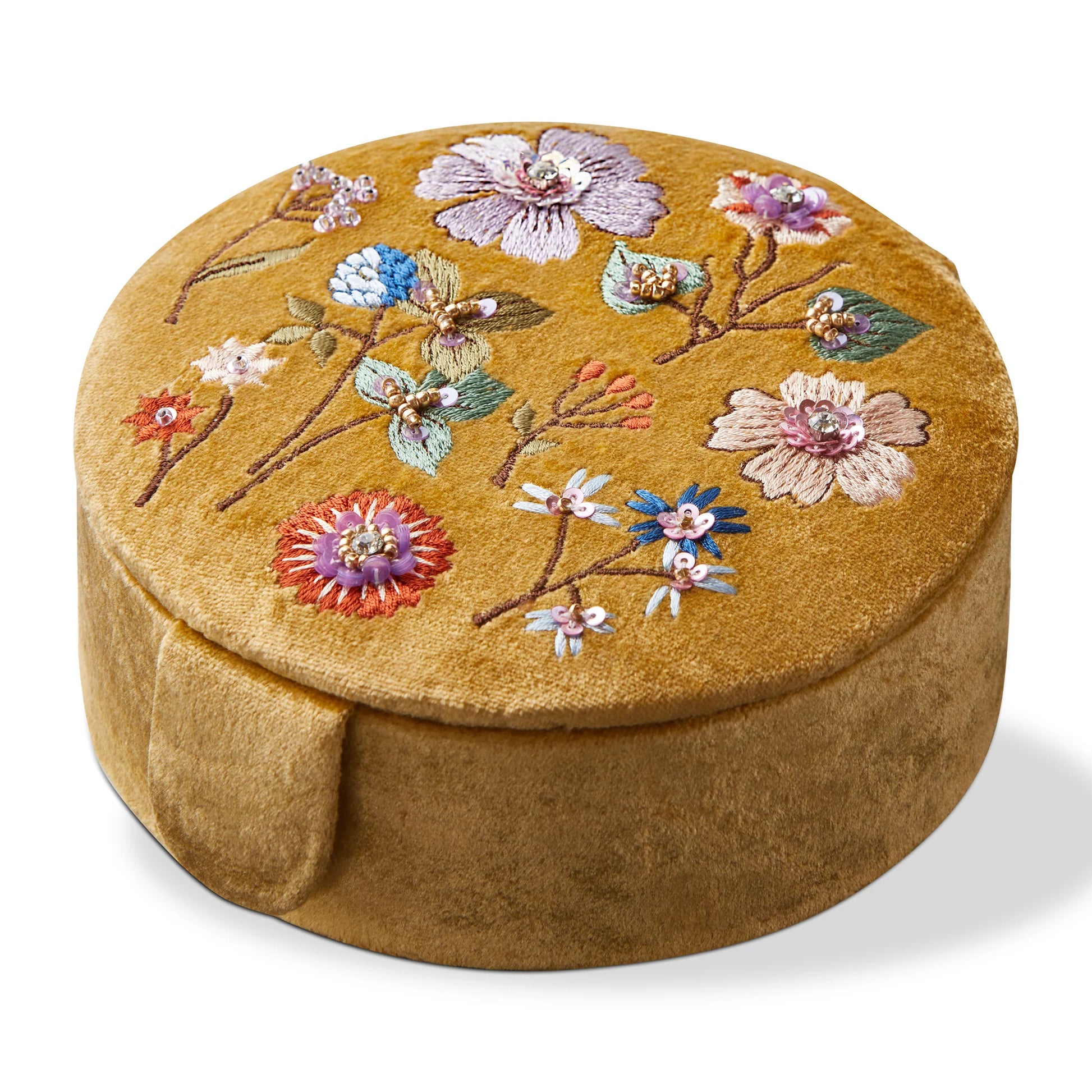 Floral Embroidered Round Box