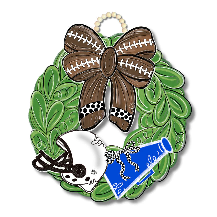 Blue & White Football Bow Wreath Door Hanger