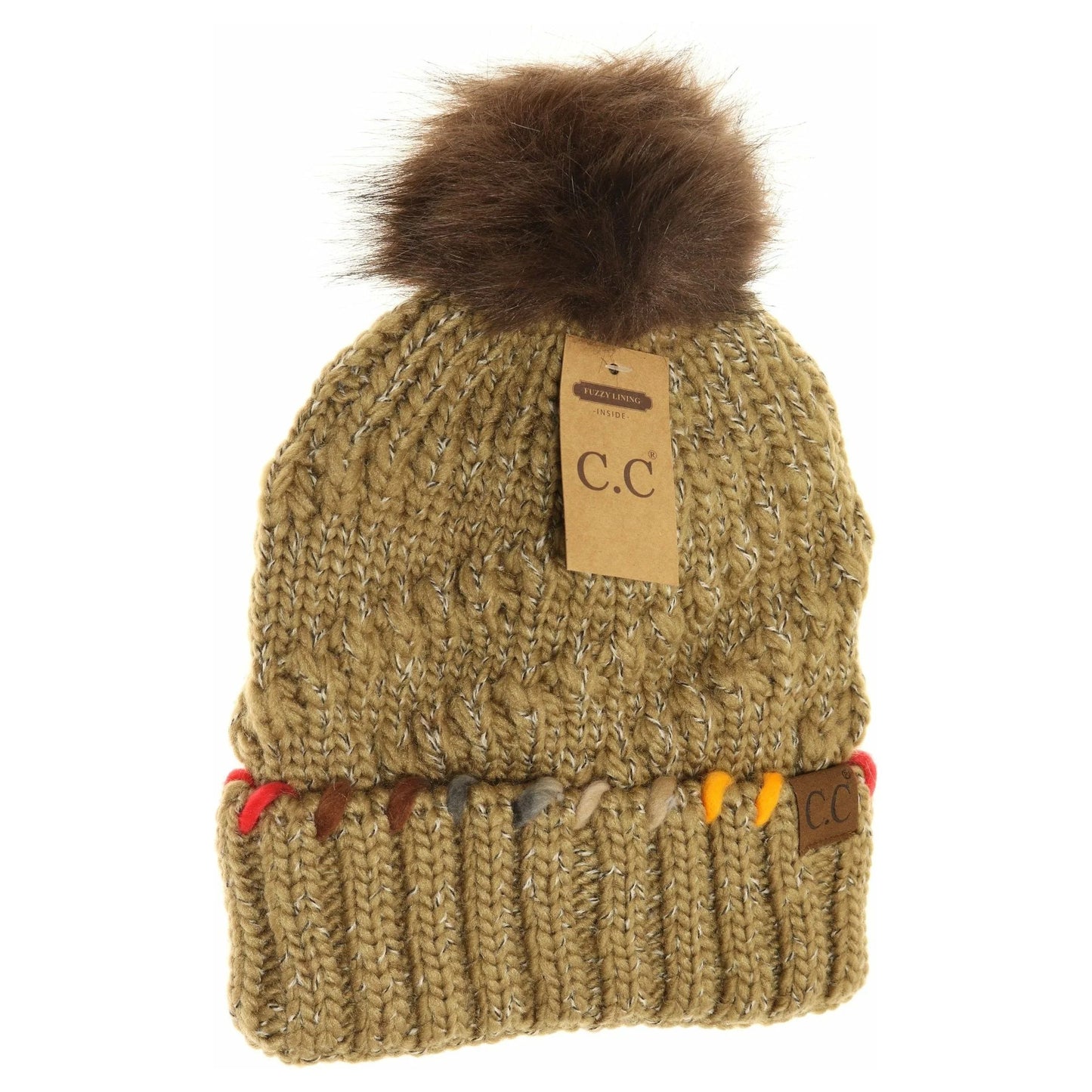 Fuzzy Lined Ombre Thread Accent Pom Taupe CC Beanie