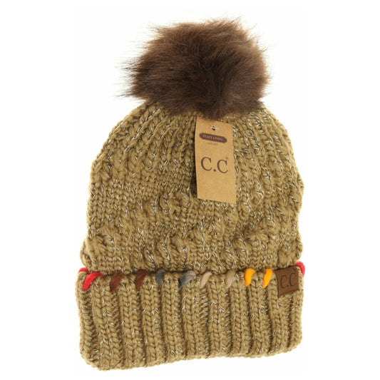 Fuzzy Lined Ombre Thread Accent Pom Taupe CC Beanie