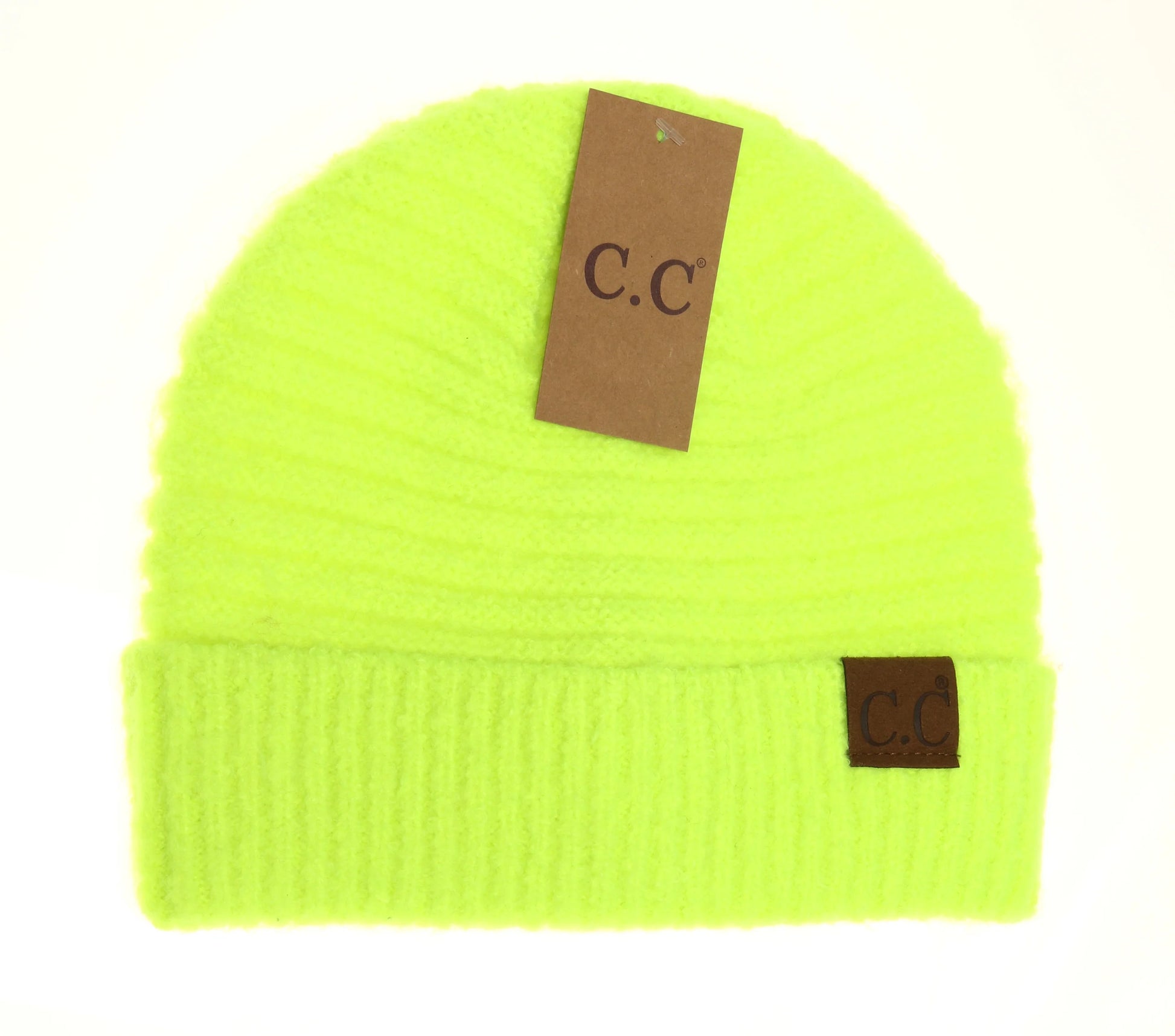 Solid Neon Lime Boucle Knit Cuff CC Beanie