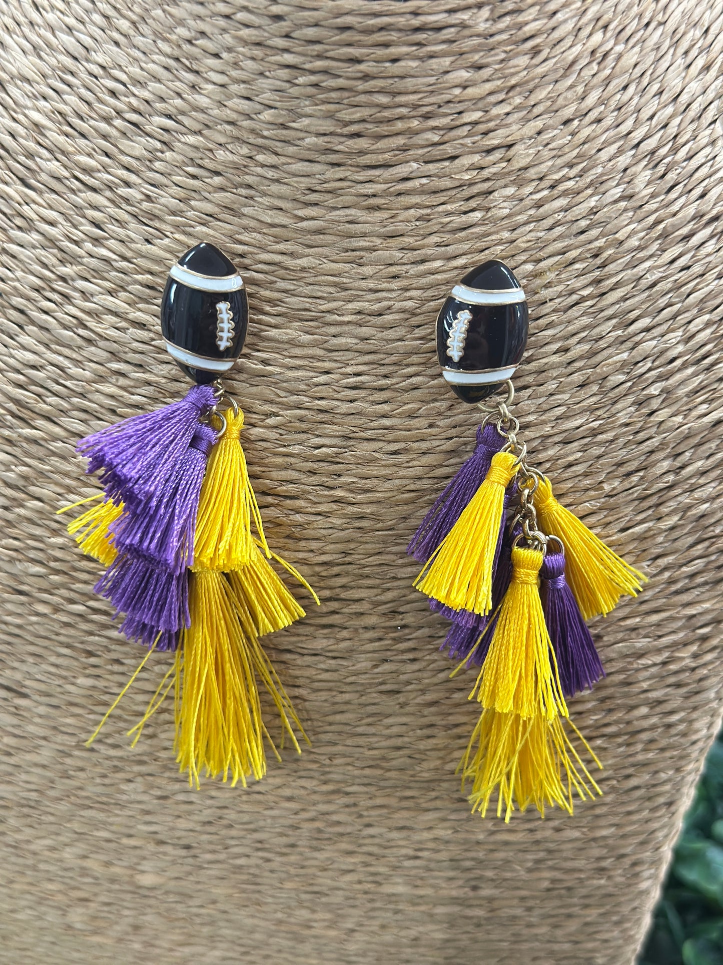 Purple & Gold Football Dangle Fringe Earrings