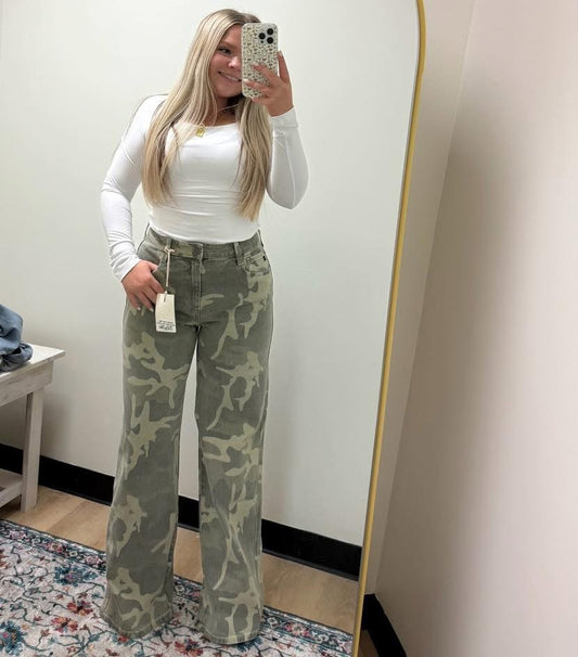 KanCan High Rise Camo Wide Leg Jeans