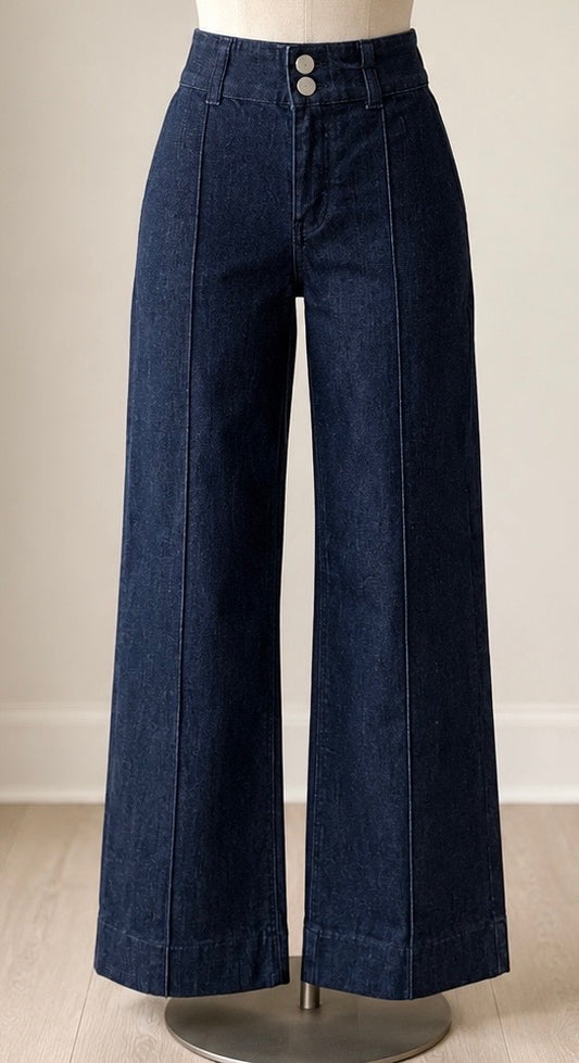 JBD Pintuck High Rise Trouser Wide Leg - Medium Denim