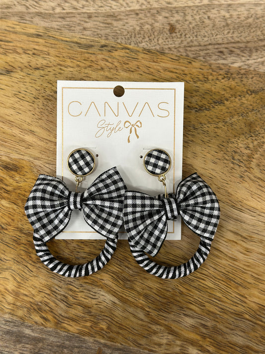 Canvas Style Norah Black Gingham Bow Drop Hoop Earrings