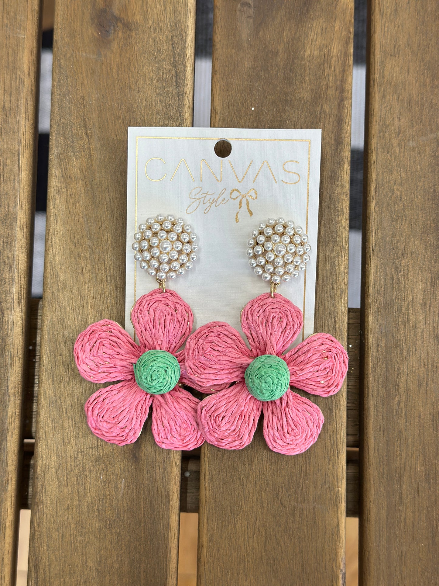 Canvas Style Claire Pink Raffia Flower Pearl Cluster Earrings