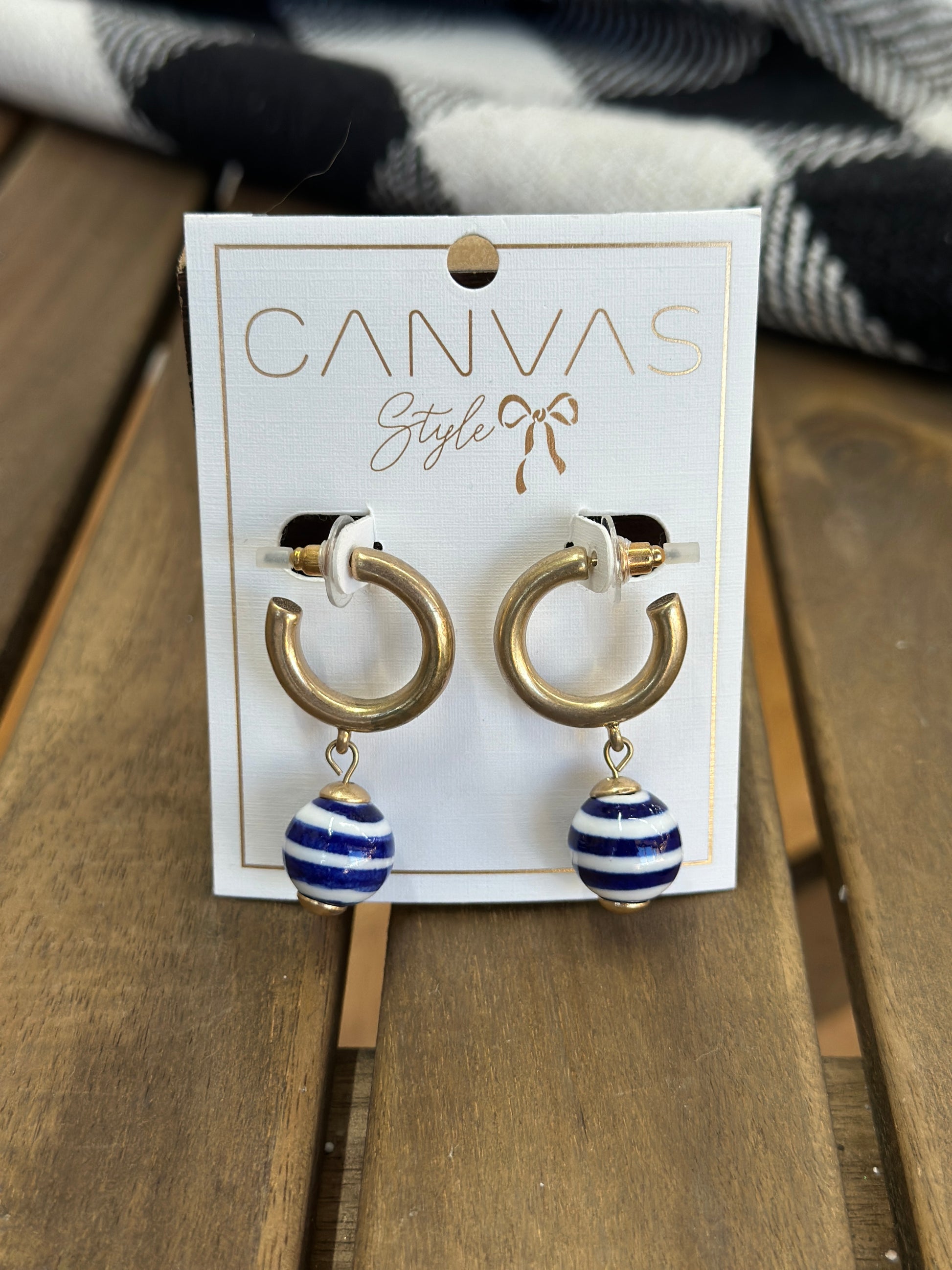 Canvas Style Ceramic Hoop Drop Earrings in Navy and White