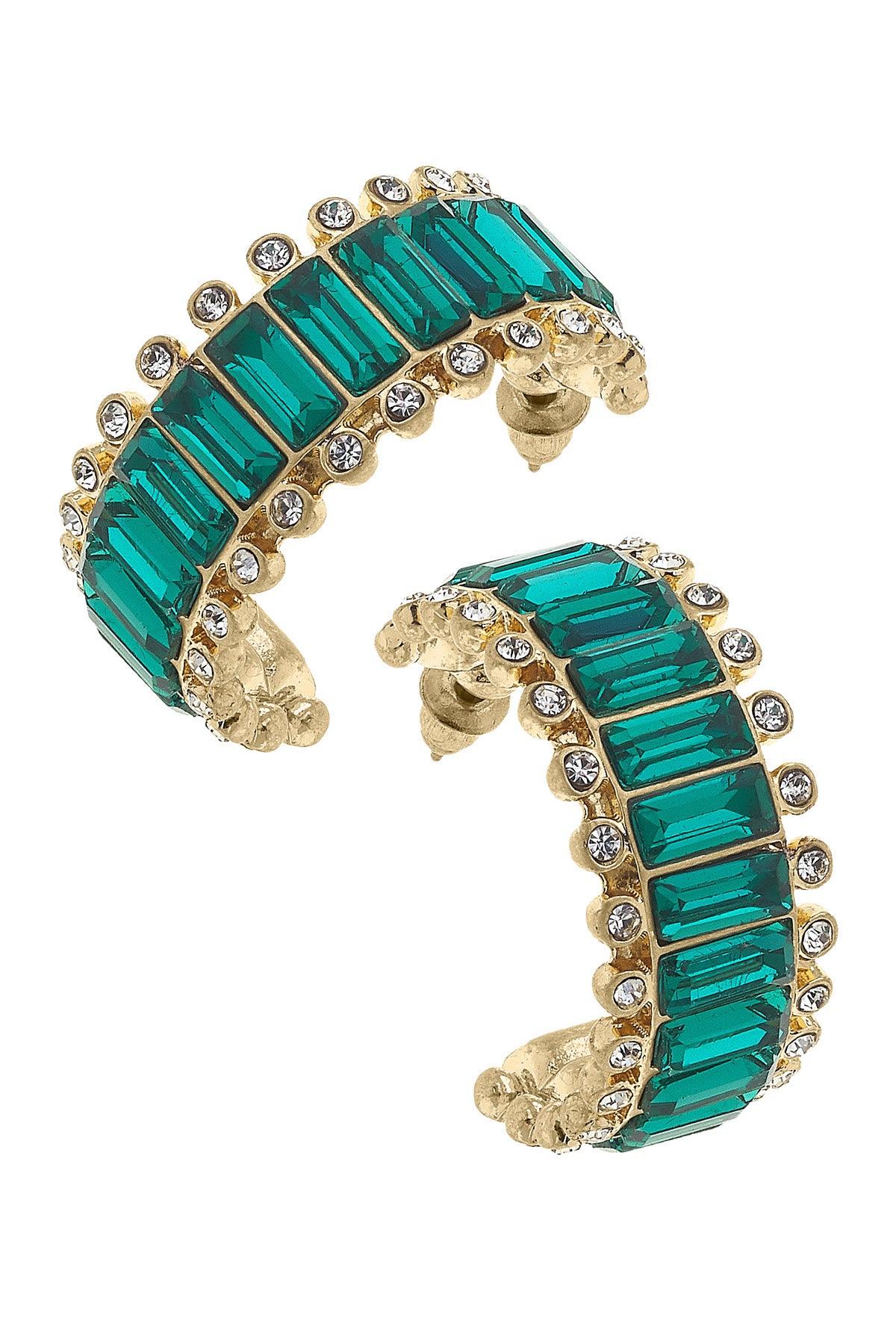 Katherine Rhinestone Baguette Hoop Earrings in Emerald