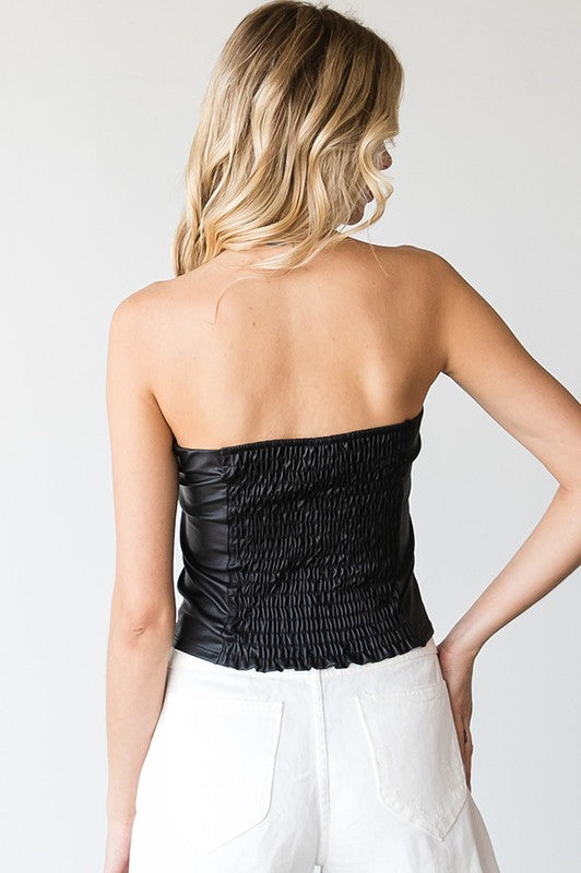 Concert Black Faux Leather Smocked Back Bandeau Top