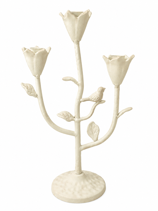 Hazel Mazel Cast Iron Flower Shaped Taper Holder With Birds & Leaves