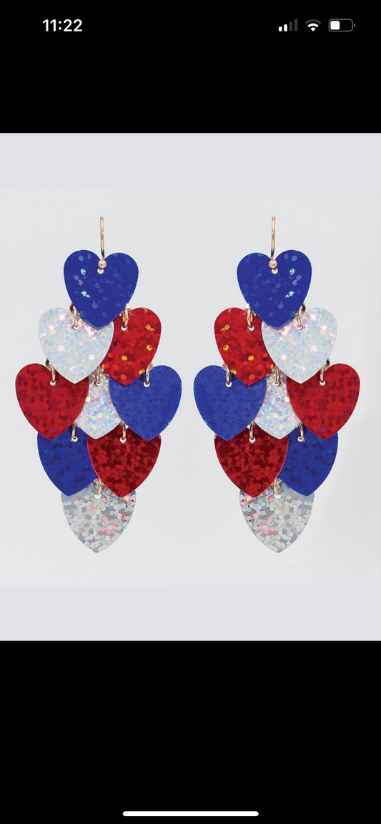 Patriotic Glitter Hearts Dangle Earrings