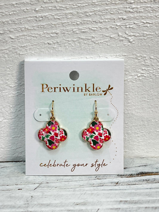 Pink and Green Floral Clover Shape Earrings