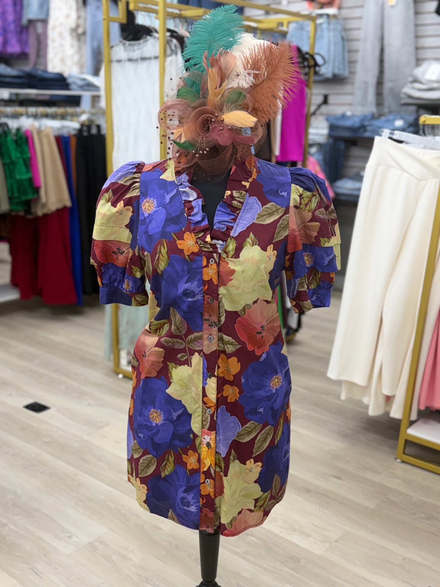 Burgundy Floral Midi Dress With Ruffled Collar