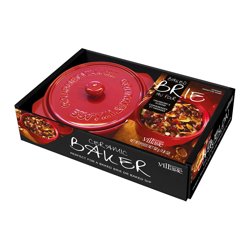 Gourmet Village Red Ceramic Baker gift set with Cranberry Almond Brie topping