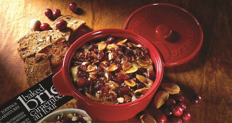 Gourmet Village Red Ceramic Baker gift set with Cranberry Almond Brie topping