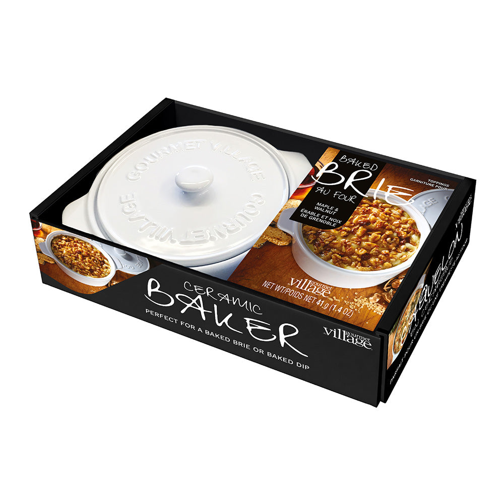 Gourmet Village White Ceramic Baker gift set with Maple Walnut Brie topping