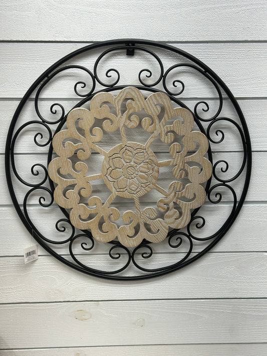 Round Black Metal Wood Flower Wall Decor