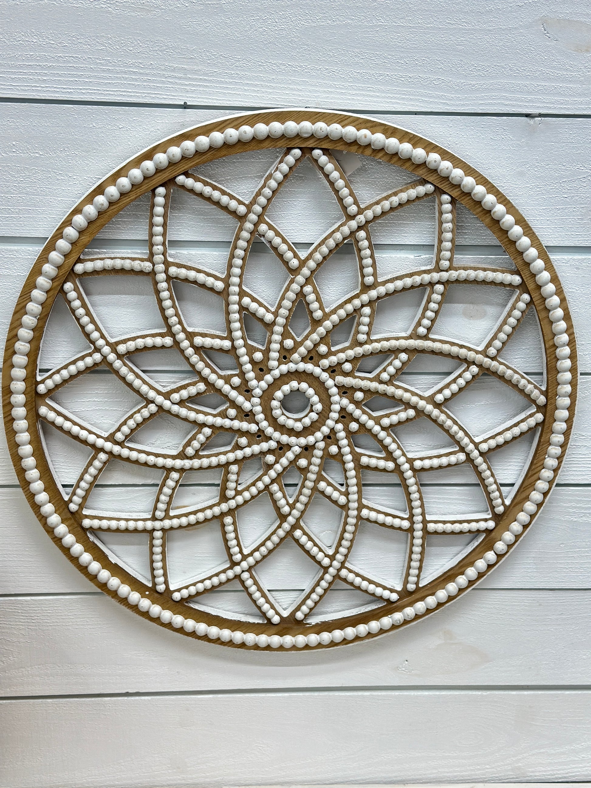 White Beaded Wood Medallion
