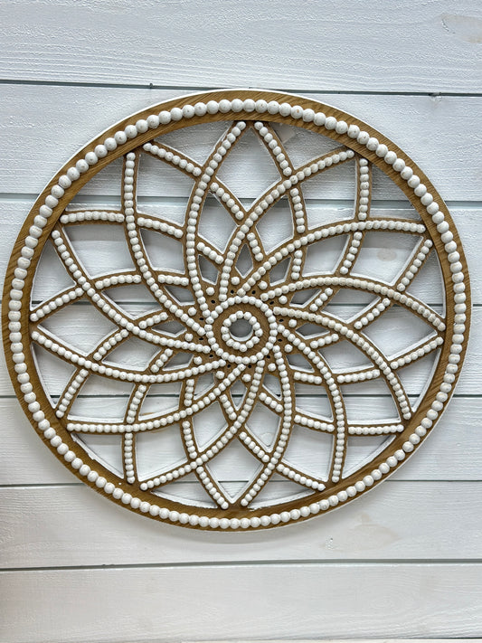 White Beaded Wood Medallion