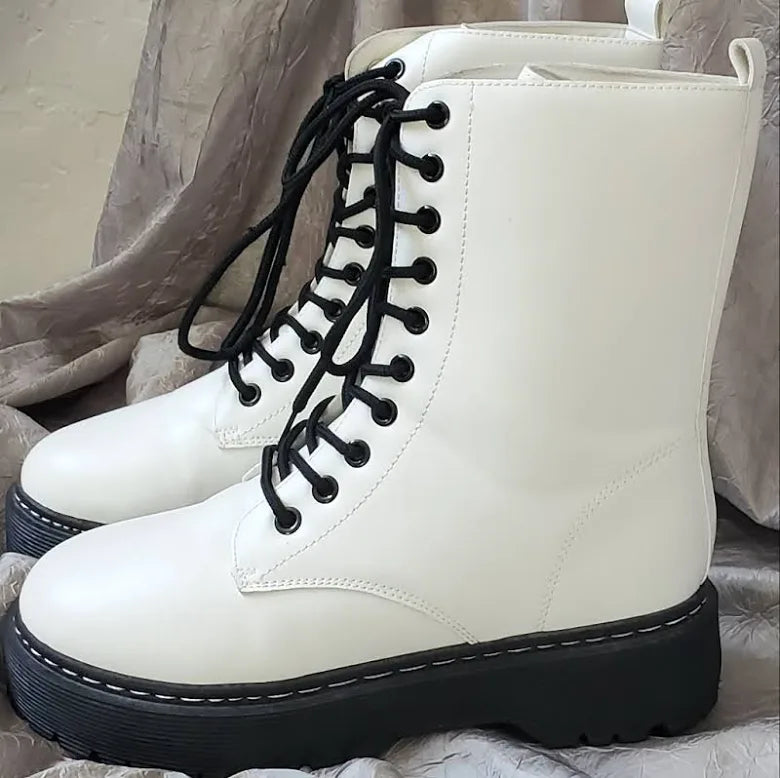 UniLady White Lace Up Combat Boots Ben-3