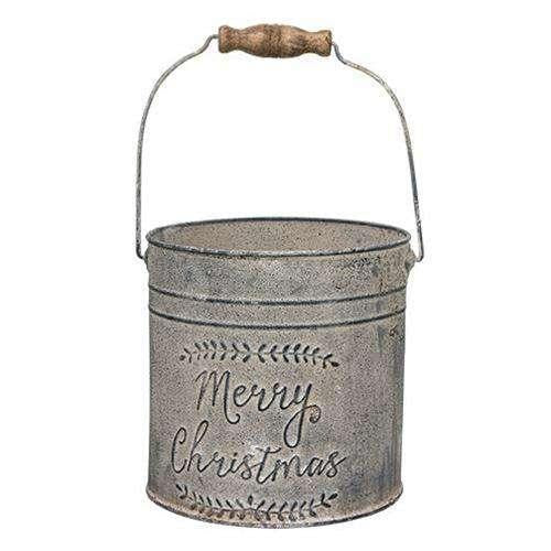 Merry Christmas Metal Bucket With Wood Handle