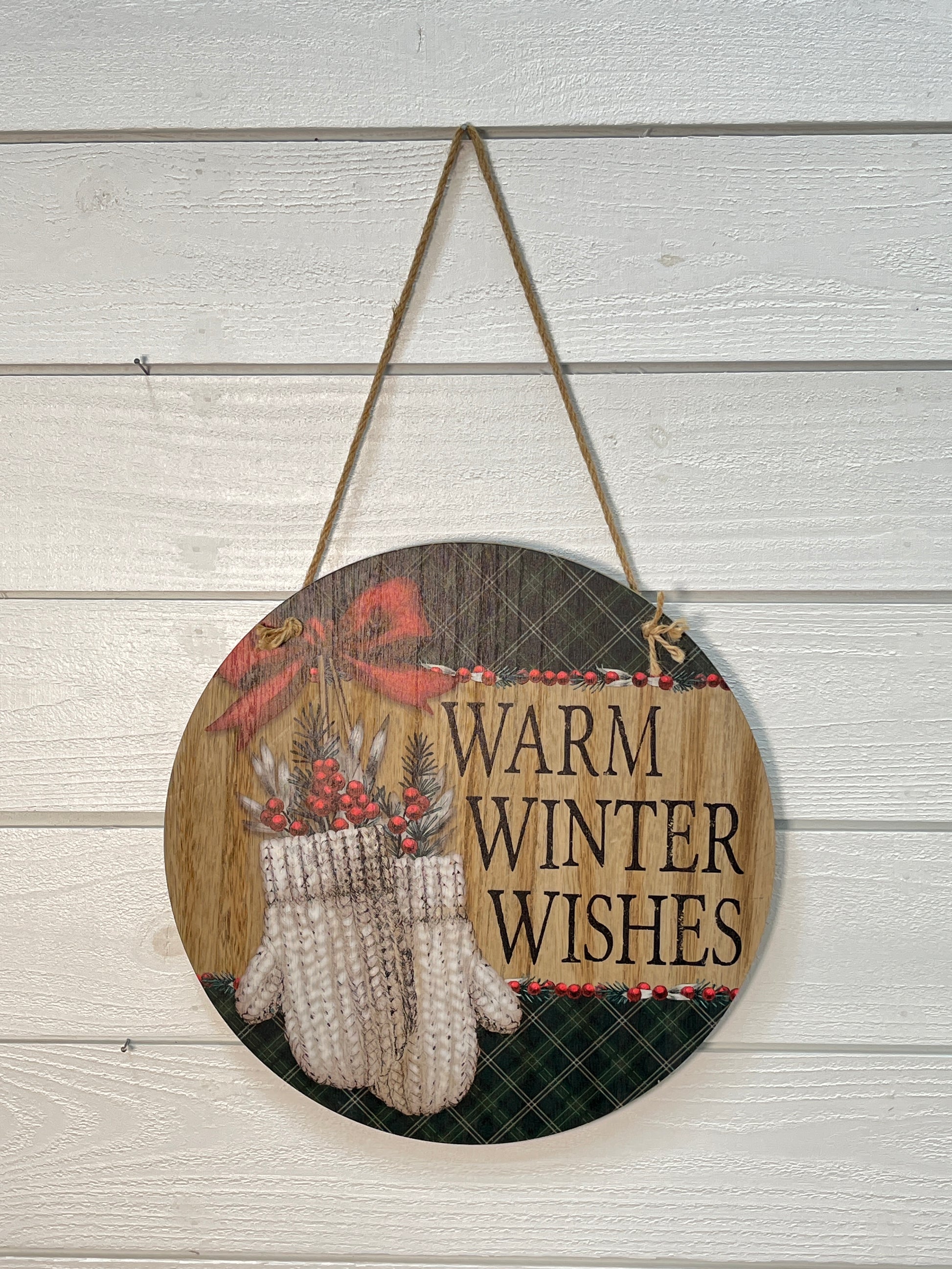 Warm Winter Wishes Round Wood Wall Hanger