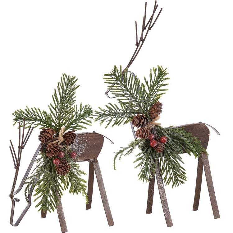 Small Metal & Wood Greenery Deer Set of 2