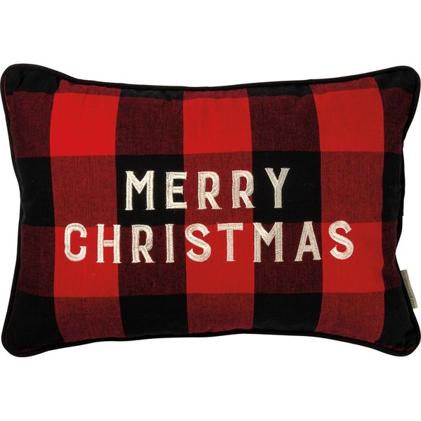 Merry Christmas Red & Black Buffalo Check Pillow