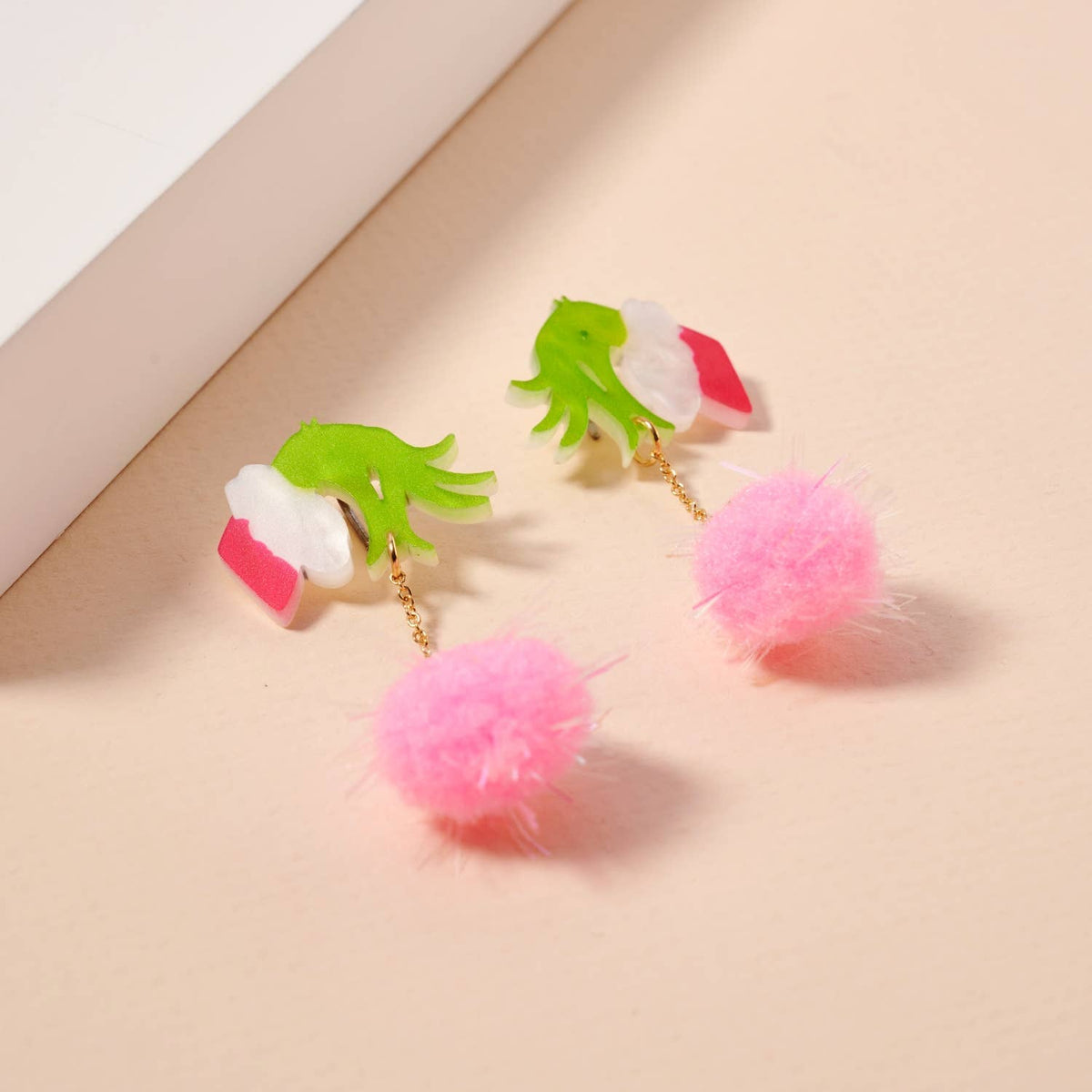 Grinch Hand & Pink Pom Dangle Earrings