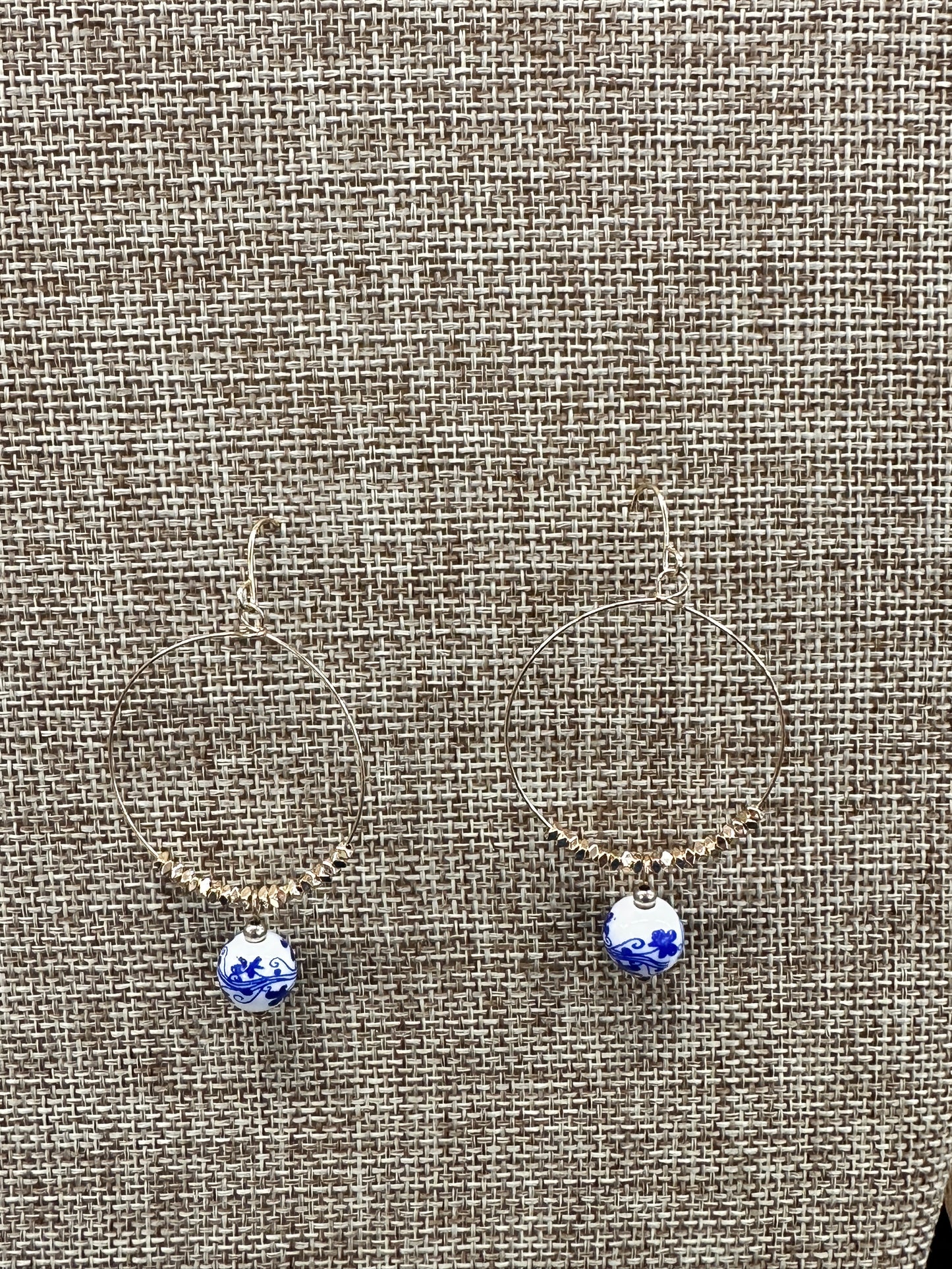 Gold Dangle Hooped Earring with Blue & White Detail