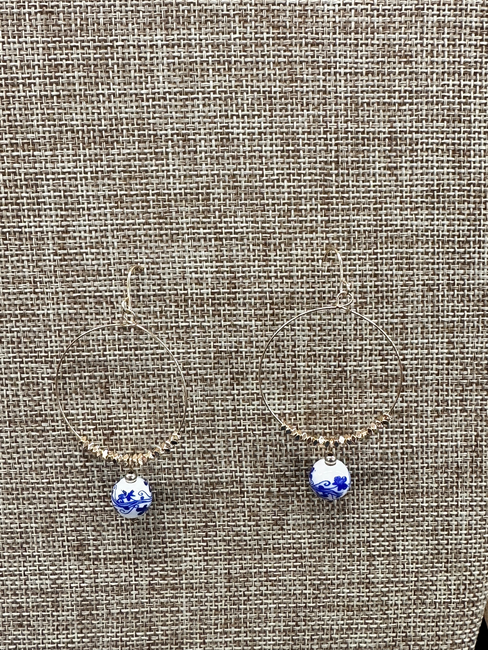 Gold Dangle Hooped Earring with Blue & White Detail