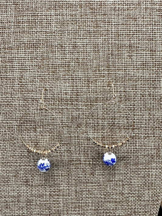 Gold Dangle Hooped Earring with Blue & White Detail