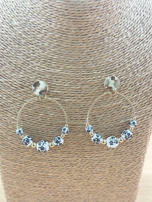 Gold Stud Dangle Black & White Floral Earrings