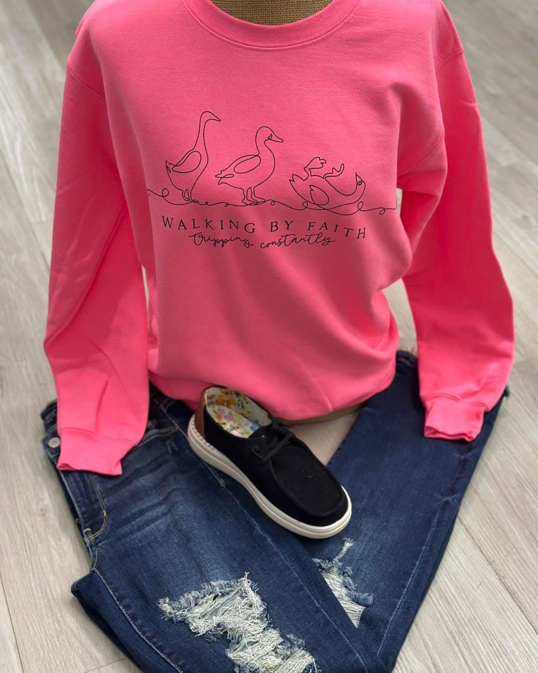 Walking by Faith.....Tripping Constantly Duck Crewneck