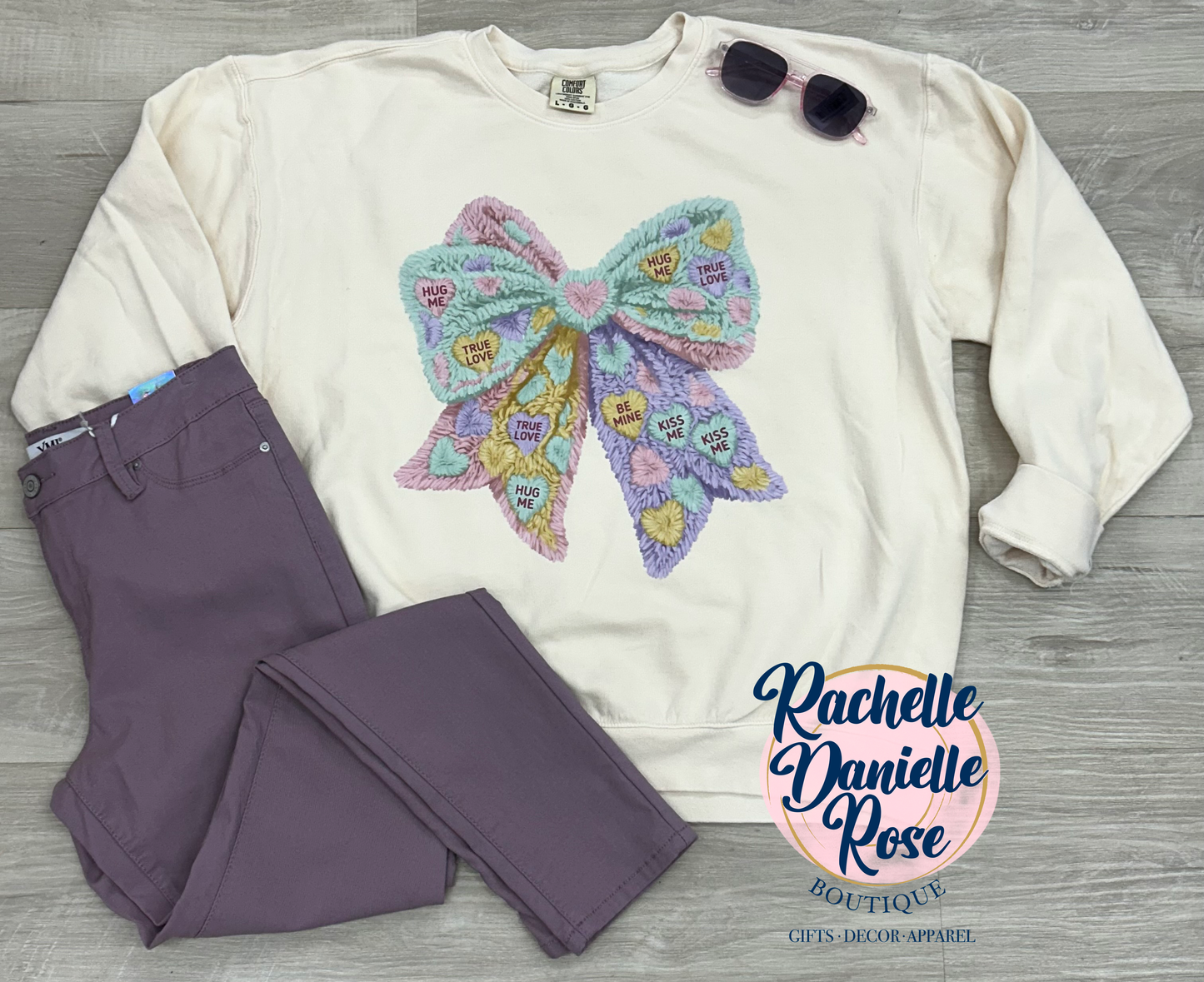 Faux Yarn Pastel Conversation Hearts Coquette Bow Crewneck Sweatshirt