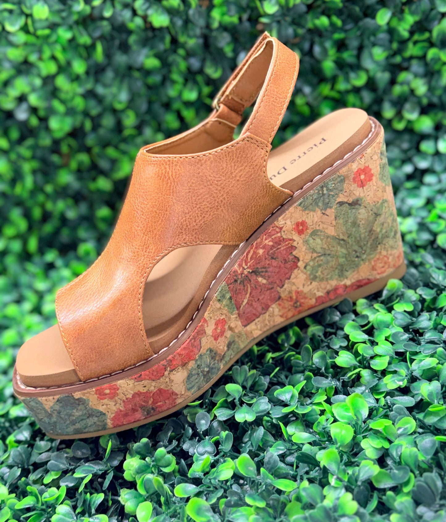 Tan and Floral Wedge Sandals