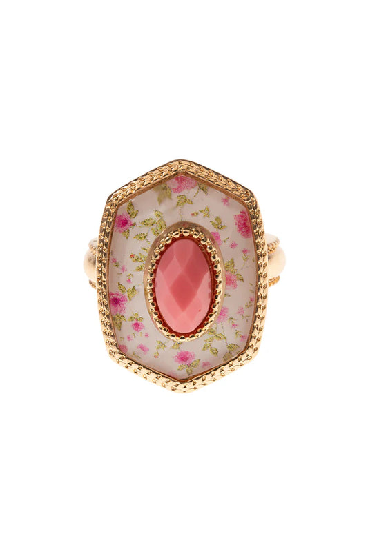 Pink Ring with Pink Floral Elongated Hexagon and Center Stone