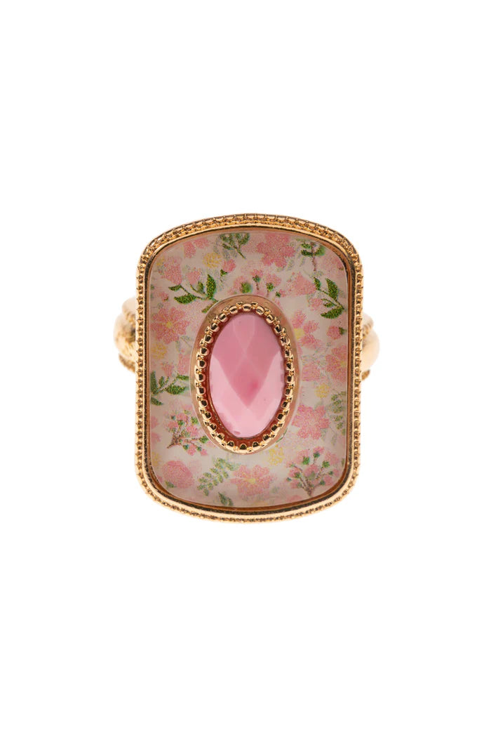 Baby Pink Ring with Pink Floral Rectangle and Center Stone