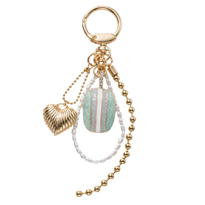 Pearl, Gold & Mint Multi-Strand Keychain & Bag Charm with Heart & Enamel Stone