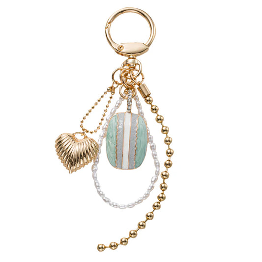 Pearl, Gold & Mint Multi-Strand Keychain & Bag Charm with Heart & Enamel Stone