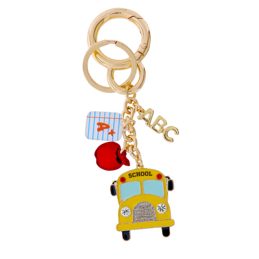 Yellow, Blue, Red, Gold School Bus Keychain with Paper, "ABC" & Apple Charms