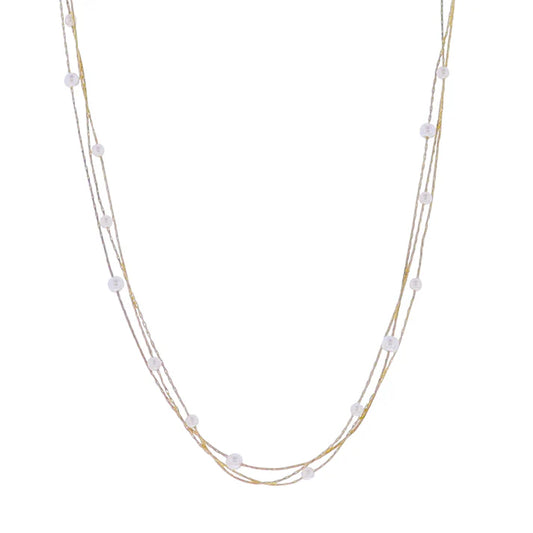 18k Gold Plated Thin Snake Chain 3 Layer Necklace with Pearl Stations