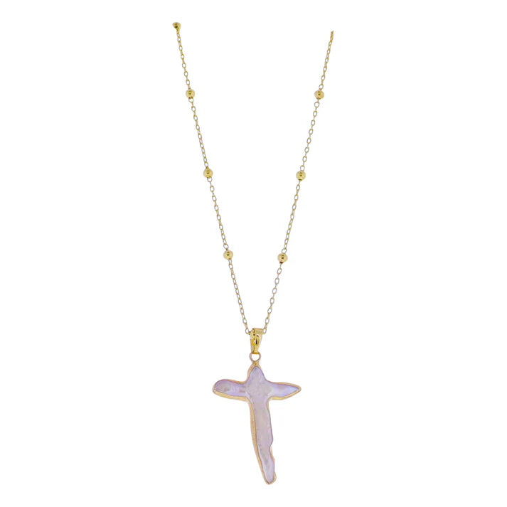 18k Gold Plated Ball Station Chain Necklace with Electroplated Pearl Cross